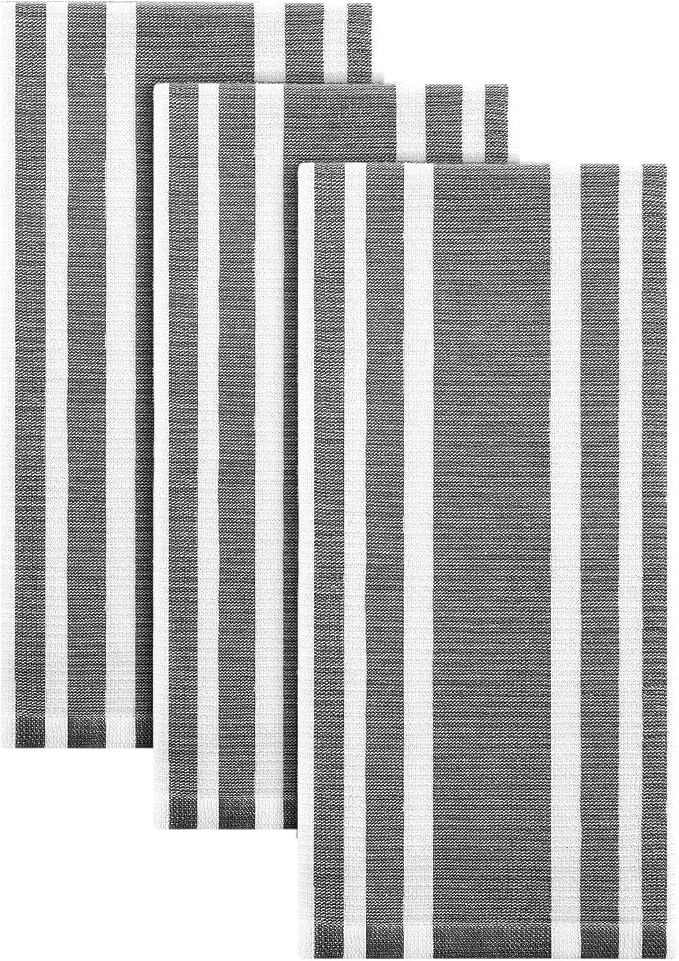 Homaxy Premium Kitchen Towels 18”x 28”, Large Cotton 380 GSM Kitchen Hand Towels, Stripe and Terry Dish Towel, Highly Absorbent Tea Towel Set with Hanging Loop, 3 Pack, Black