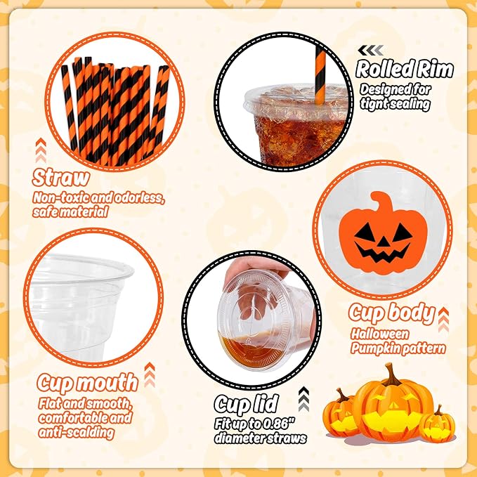 Whaline 50 Pcs Halloween Disposable Plastic Cups with Lids and Straws Orange Spooky Pumpkin Face Cold Beverage Drinking Cups for Trick or Treat Birthday Party Supplies