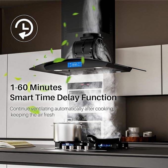 FIREGAS Black Island Range Hood 30 Inch, 700 CFM Island Kitchen Hood with Touch & Gesture Control, 3 Speed Fan, LED Lights, Ducted/Ductless Convertible Stove Vent Hood