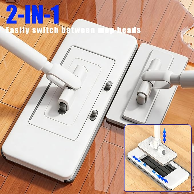 Upgrade Push Clamp Mop Kit - 2-in-1 Full Size Press Grip Lazy Sweeper Mop with Convenient Cloth Changing, Compatible with Swiffer Pads, Hardwood Tile Marble Floor Cleaning, 52in with10 Dry Cloths