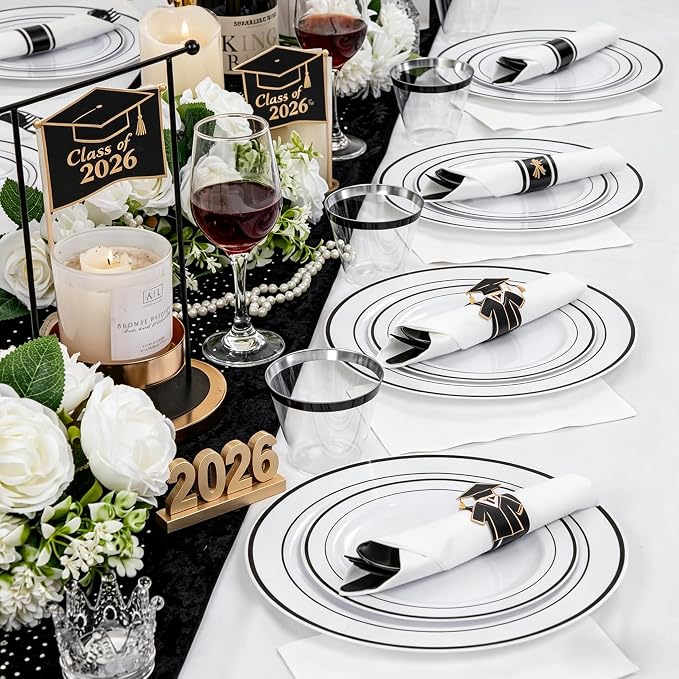 WELLIFE 210Pcs Black Plastic Dinnerware with Pre Rolled Napkins, Include:30 Dinner Plates, 30 Dessert Plates, 30 Paper Napkins, 30 Cups, 90 Plastic Cutlery