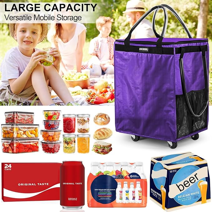 (Medium,Violet) Reusable Grocery Bag on Wheels, 70L Foldable Rolling Tote, Extra Storage for Shopping, Zipper Clouser Shopping Carts for Groceries, Laundry, Camping, Moving, 4 Heavy Duty Wheels