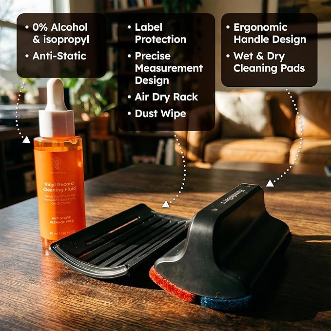 HumminGuru I-Brush Vinyl Record Cleaning Kit, Anti-Static Vinyl Record Cleaner Kit with Dual Velvet Pads Vinyl Record Brush + Alcohol-Free Record Cleaning Solution + LP Brush Holder (Orange: I-Brush)