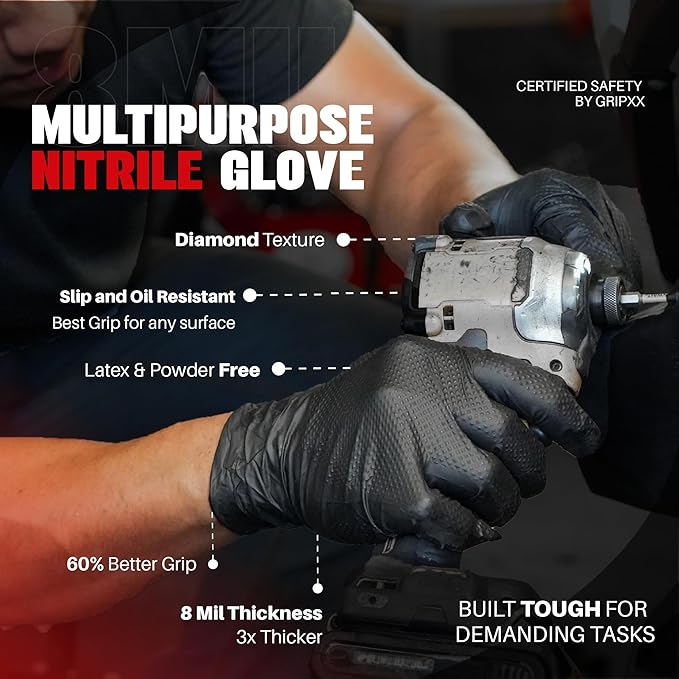 GRIPXX Herkules Grip Heavy Duty 8Mil Black Nitrile Gloves,3D Raised Diamond Texture-Latex & Powder-Free Industrial, Mechanic