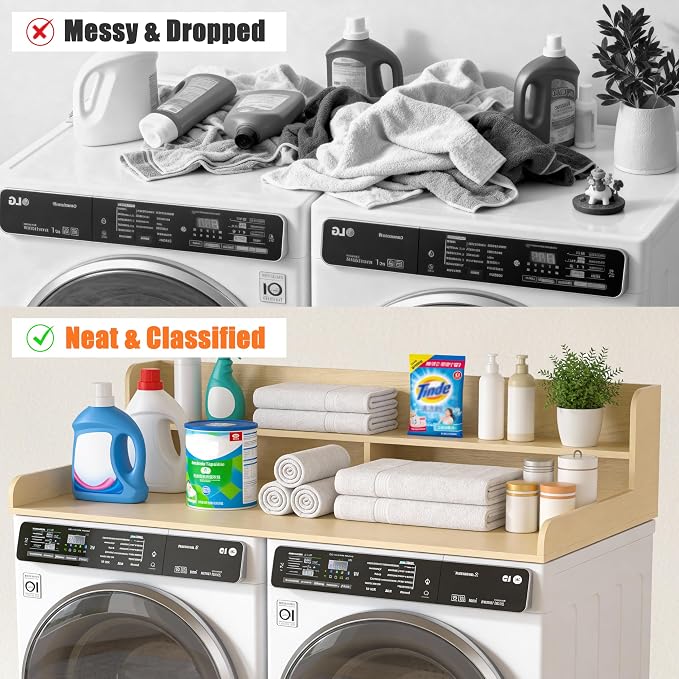 Piskyet Washer Dryer Countertop,2- Tier Laundry Countertop with Edge Rails,27.5" Depth x 54" Wood Countertop,Laundry Machine Topper for Laundry Room Organization and Storage(Natural Wood Color)