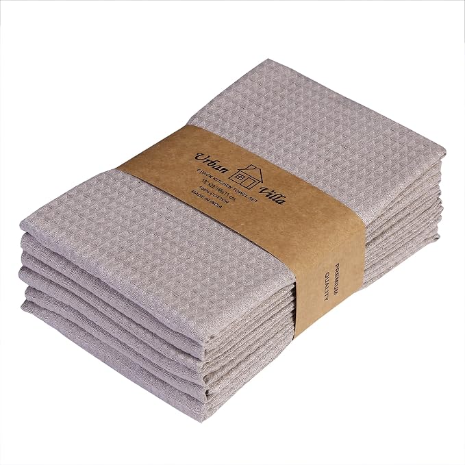 Urban Villa Waffle Dish Towels - Tan Color Set of 6 Highly Absorbent Cotton Towels - Oversized 18x28 with Mitered Corners
