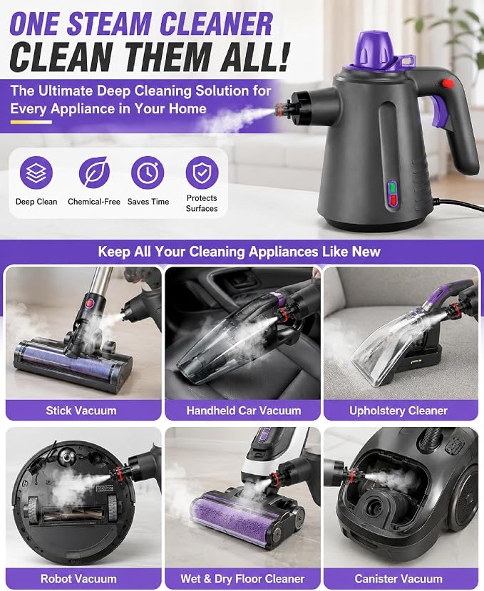 Handheld Steam Cleaner for Home, Pressurized Multi Purpose Steamer for Cleaning Upholstery Bed Furniture Couch Carpet Car with 14 Accessories & Safety Lock, Small Container for Grease