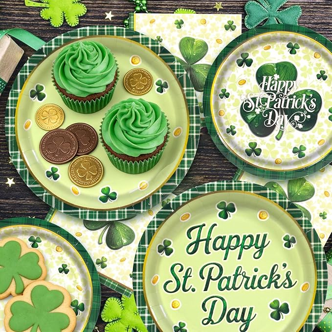 150pcs St. Patrick's Day Party Supplies,Shamrock Paper Plates and Napkins Set for St. Patrick's Day Party Decorations,Serve 50 Guests
