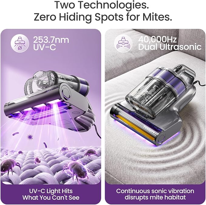 Bed Vacuum Cleaner, 20kPa Handheld Mattress Vacuum Cleaner with 253.7nm UV-C Light, Ultrasonic & 149°F Heating, Triple-Cup, Pet Hair Brush for Cleaning Bed, Sofa, Corded 650W