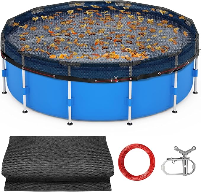 18 FT Pool Leaf Net Cover for Above Ground Pools, Ultra-Fine 0.15’’ Mesh Pool Cover with Winch & Cable, Pool Leaf Cover Prevents Leaves and Debris from Entering Pool