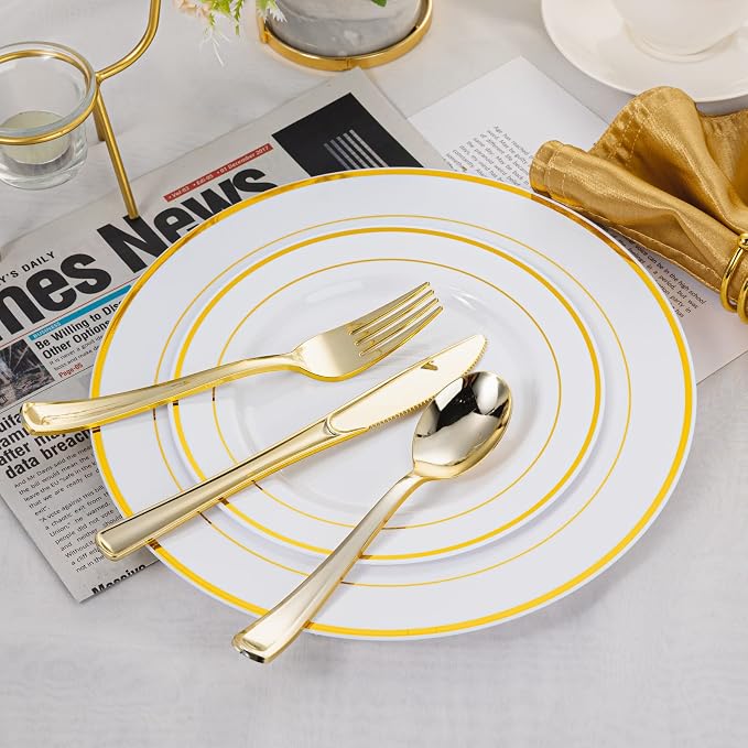 N9R 500PCS Gold Plastic Silverware - Gold Plastic Cutlery Set Disposable Flatware Dinnerware -200 Forks, 150 Spoons, 150 Knives for Party, Birthday, Wedding Utensils