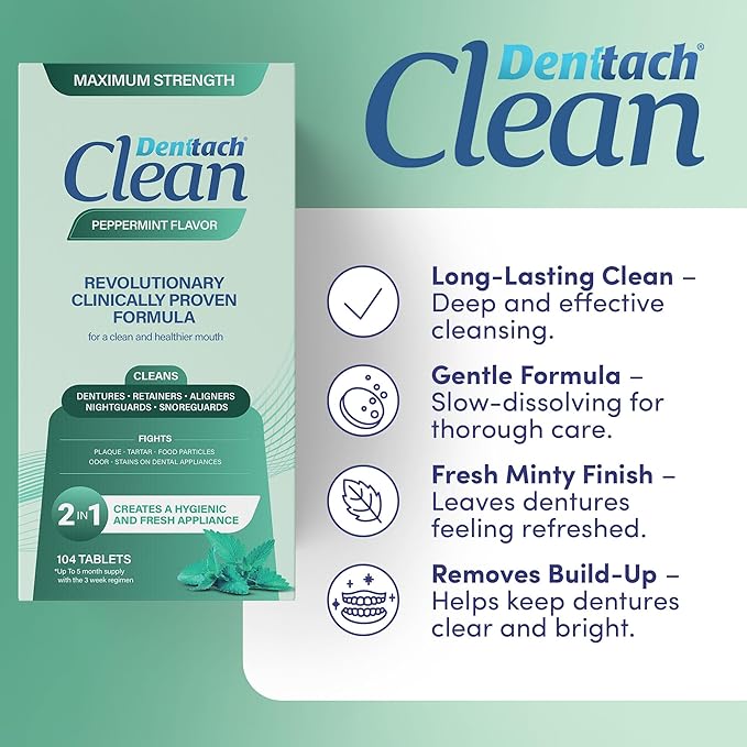 Denttach Clean Retainer Cleaner Tablets, Denture Cleaning Tablets, Maximum Strength Denture Cleaner for Ultra Fresh Dentures, Night Guard Cleanser, Eliminates Stains, Peppermint 104 Count Pack of 2