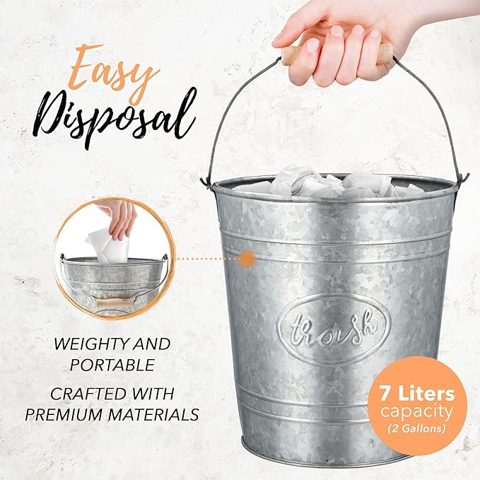 Autumn Alley Rustic Farmhouse Trash Can and Toilet Brush Holder Set - Galvanized Bathroom Trash Can with Matching Toilet Brush, Rustic Farmhouse Bathroom Decor, Grey, 2 Gal.
