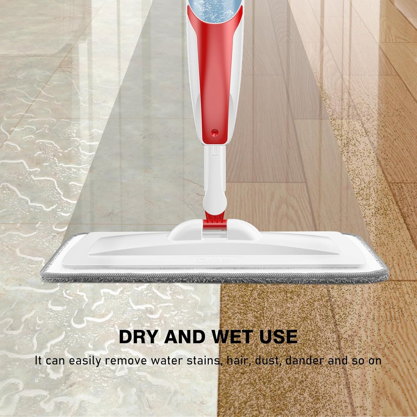 nacena Spray Mop for Floor Cleaning, Dust Mop with 420 ml Refillable Bottle and 3 Pcs Washable Pads Dry Wet Floor Mop for Household or Commercial Use for Hardwood Laminate Tile Ceramic, Red&White
