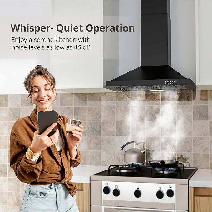 FIREGAS Range Hood 24 inch Wall Mount Type with Ducted/Ductless Convertible,450 CFM Stainless Steel Chimney-Style Kitchen Hood, Over Stove Vent Hood with 3 Speed Fan,Charcoal Filters,Black