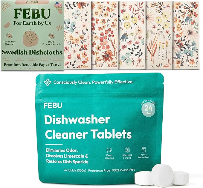 FEBU Save 15% on Swedish Dishcloth + Dishwasher Cleaner Tablets | 5 Pack Watercolor Reusable Paper Towels + 24ct Dish Washer Cleaner Tablets
