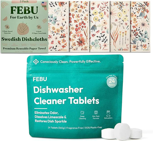 FEBU Save 15% on Swedish Dishcloth + Dishwasher Cleaner Tablets | 5 Pack Watercolor Reusable Paper Towels + 24ct Dish Washer Cleaner Tablets