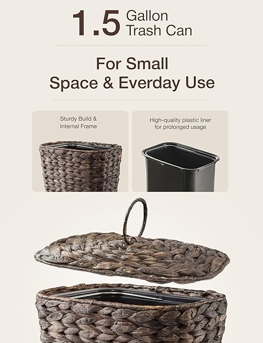 Tidita Wicker Waste Basket - Wicker Trash Can with Lid - Water Hyacinth Bathroom Garbage Can with a Lid - Bathroom Trash Can Boho Style - Removable Liner, Iron Frame (Black, 1.5 Gallons)