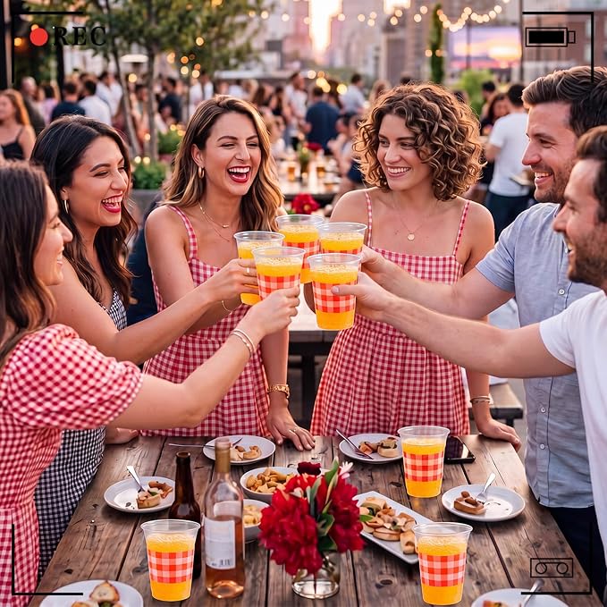 100 Pcs Red Gingham Plastic Cups 12 oz Red Checkered Plaid Disposable Plastic Drinking Cups Bulk for Baby Shower Wedding Birthday Christmas Party Decoration Supplies