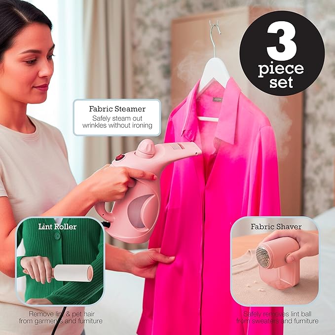 Inspired Living Fabric Care Kit – 3-Piece Garment Care Set with Handheld Steamer, Lint Roller & Fabric Shaver/Defuzzer – Wrinkle Remover & Clothing Refresh Essentials – Blush Pink