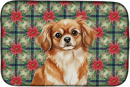 Caroline's Treasures Red Tibetan Spaniel Christmas PoinsettIas Dish Drying Mat Absorbent Dish Drying Mat Pad for Kitchen Counter Dish Drainer Mat for Countertop, 14 x 21", Multicolor