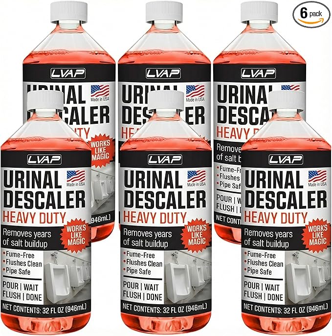 LVAP Heavy Duty Urinal Salt Remover – Made in USA – Commercial Grade Urinal Drain Cleaner & Odor Eliminator. Removes Salt, Calcium, Rust and Scale Build Up – 32 fl oz Bottles - 6 Pack