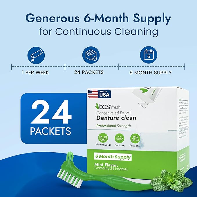 TCS Fresh Concentrated Dental Appliance Cleaner Set, Professional Denture and Retainer Cleaner Powder with Soft Bristle Brush (24 Packets, 6 Month Supply, Mint Flavor)