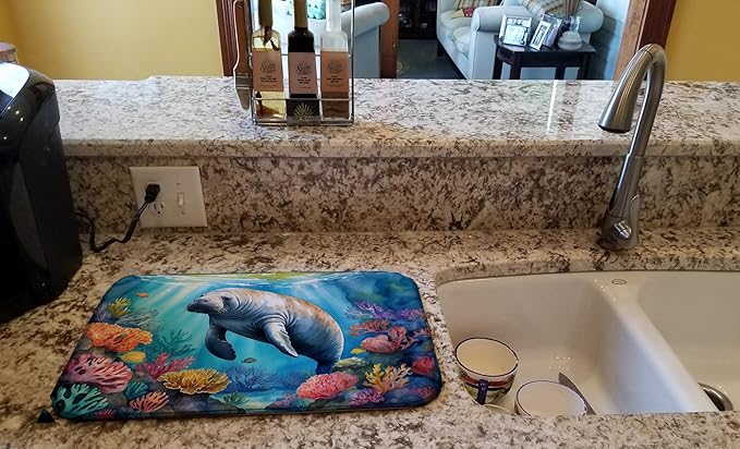Caroline's Treasures Manatee and Coral Reefs Dish Drying Mat Absorbent Dish Drying Mat Pad for Kitchen Counter Dish Drainer Mat for Countertop, 14 x 21", Multicolor