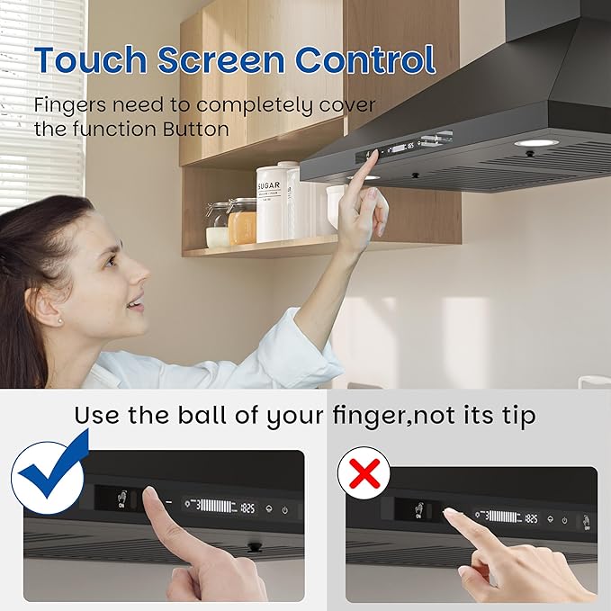 FIREGAS Wall Mount Black Range Hood 30 Inch, 900 CFM Ducted Kitchen Hood 3-Speed Exhaust Fan, Gesture/Touch Control, Timer, 2 Baffle Filters, Stainless Steel Stove Vent Hood