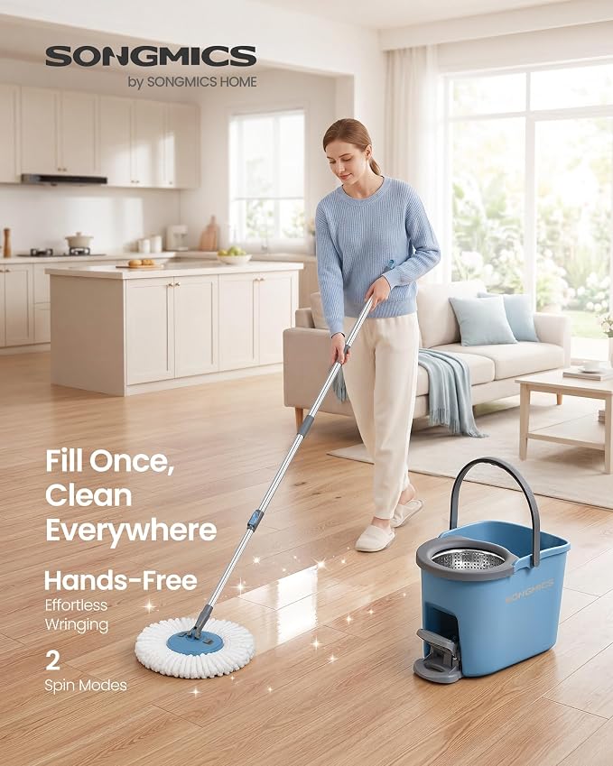 SONGMICS Spin Mop and Bucket Set with Pedal Wringer, Floor Cleaning Mop, Adjustable Telescopic Handle, Max. 59.1-Inch Length, 360° Rotating Head, 4 Microfiber Pads, Blue and Gray ULMB002QT04