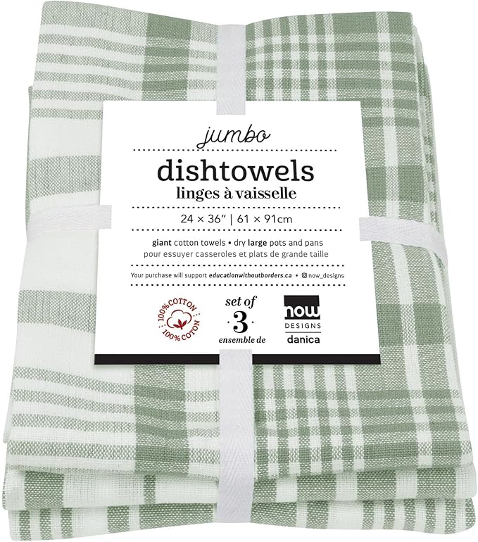 Now Designs Jumbo Woven Cotton Kitchen Towels Elm Green, Set of 3, W24 x L36in