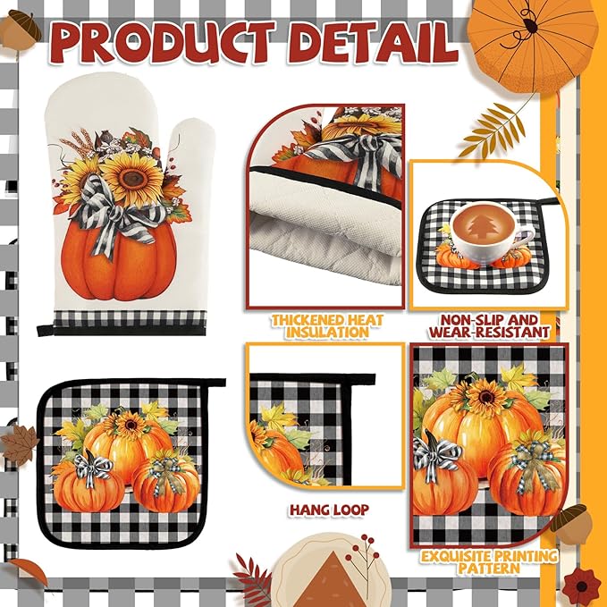 Fanfanwin 10 Pcs Thanksgiving Pumpkin Kitchen Decor Set Kitchen Towels Pot Holders Oven Mitts and Rugs Set Thanksgiving Decor for Baking Cooking BBQ Autumn Home
