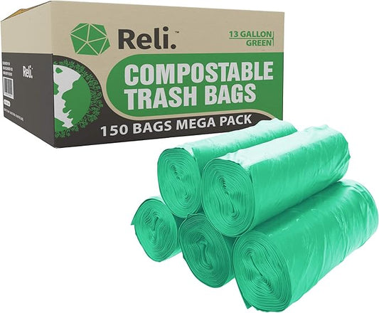 Reli. Compostable 13 Gallon Trash Bags | 150 Count Bulk | ASTM D6400 | Green | Eco-Friendly | For Compost