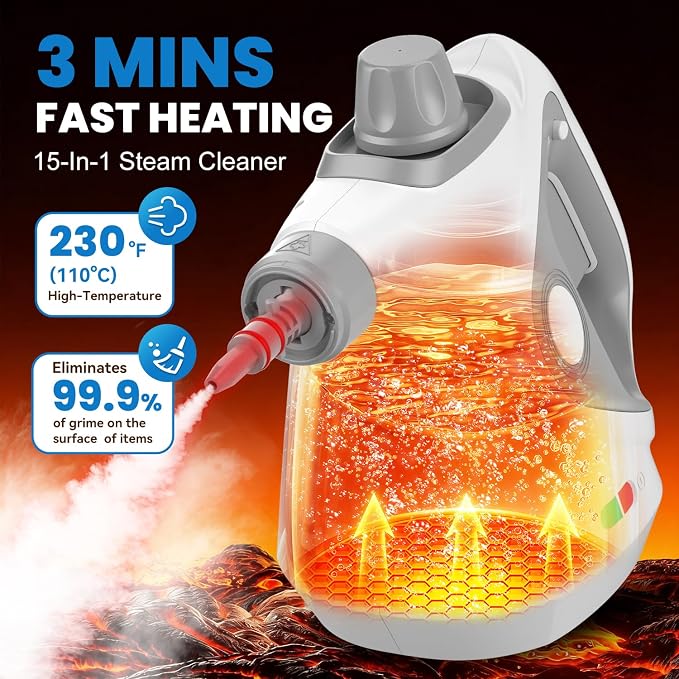 Handheld Steam Cleaner for Home, Pressurized Portable Steamer for Cleaning with 15 Accessories for Multi-Surface Cleaning, Floors, Tiles, Grout, Kitchen, Bathroom, Couch & Car(Gray Cap&Gray Handle)