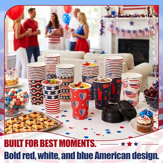 FoldTier 100 Pcs 4th of July Patriotic Disposable Coffee Cups with Lids 12 oz Red White Blue Paper Cups Independence Day Disposable Party Drinkware for Hot Cold Beverages(July 4th)