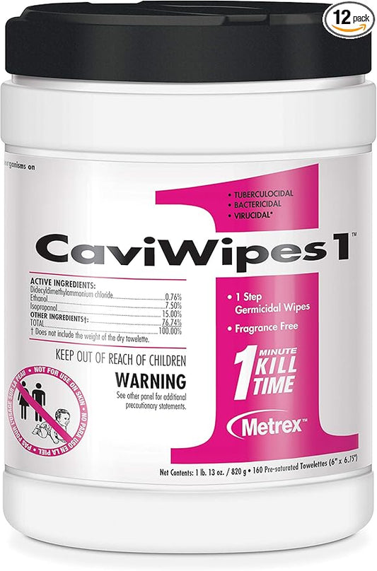 Metrex CaviWipes1 Surface Disinfectant Towelettes – Non-Woven Disinfecting Wipes for Hard, Non-Porous Surfaces, Pre-Saturated with CaviCide1 – 6" x 6-3/4", 160 Wipes per Canister (Pack of 12) #13-5100