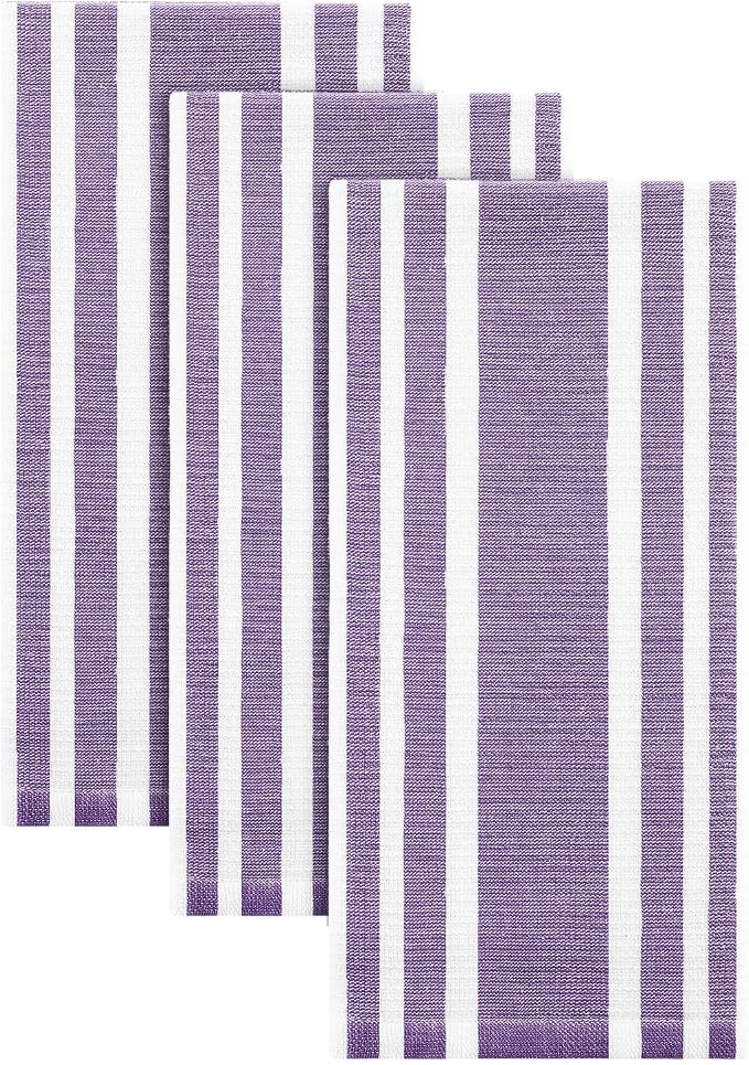 Homaxy Premium Kitchen Towels 18”x 28”, Large Cotton 380 GSM Kitchen Hand Towels, Stripe and Terry Dish Towel, Highly Absorbent Tea Towel Set with Hanging Loop, 3 Pack, Purple