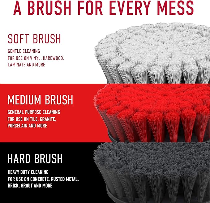 Hoover Multi-Purpose Cleaning Brush Kit, 3 Piece, 6" Soft, Medium and Hard Bristle Brushes Included, for Use on Various Surfaces, Whole Home Cleaning, Scrubber Brush Drill Attachment for Cleaning