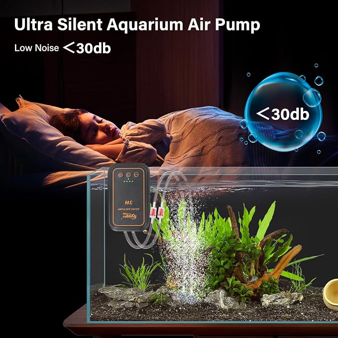hygger Aquarium Air Pump, Rechargeable Portable Oxygen Pump with Single/Dual Outlets, Ultra Quiet Battery Powered Air Bubbler for Fish Tank up to 200 Gallo