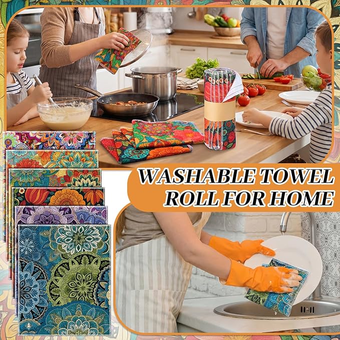 Redbaker 60 Pcs Reusable Paper Towels Rolls Towels Bulk Kitchen Washable Paperless Cloth Cotton Hand Napkins with Cardboard Reusable Napkins for Kitchen Bathroom (Boho Floral Style)