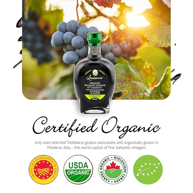 Louianna - Organic Balsamic Vinegar of Modena, High Polyphenol Aged Balsamic Vinegar, Aromatic Vinegar Made of Trebbiano Grapes, With Igp Recognition, 250 mL