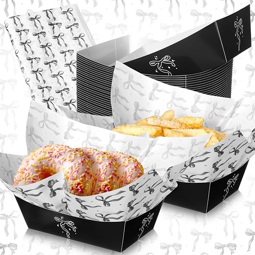 Geosar 100 Pcs Coquette Bow Paper Food Trays Bulk Bow Party Supplies Birthday Decor Disposable Food Boat Trays with Wax Paper Sheet Wrapping for Wedding Bridal Party Supplies(Black)