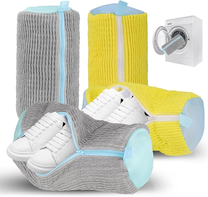 4 Pack Shoe Washing Machine Bags for Washer & Dryer, Reusable Chenille Laundry Shoe Bags with Zipper, Sneaker Wash Bag for Washing Machine, Protective Shoe Laundry Bags for All Shoe Types
