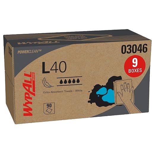WypAll PowerClean L40 Cloths Extra Absorbent Wipes (03046), Pop-Up Box, Bulk Paper Wipers, White (9 Packs of 90 Sheets, 810 Sheet Total)