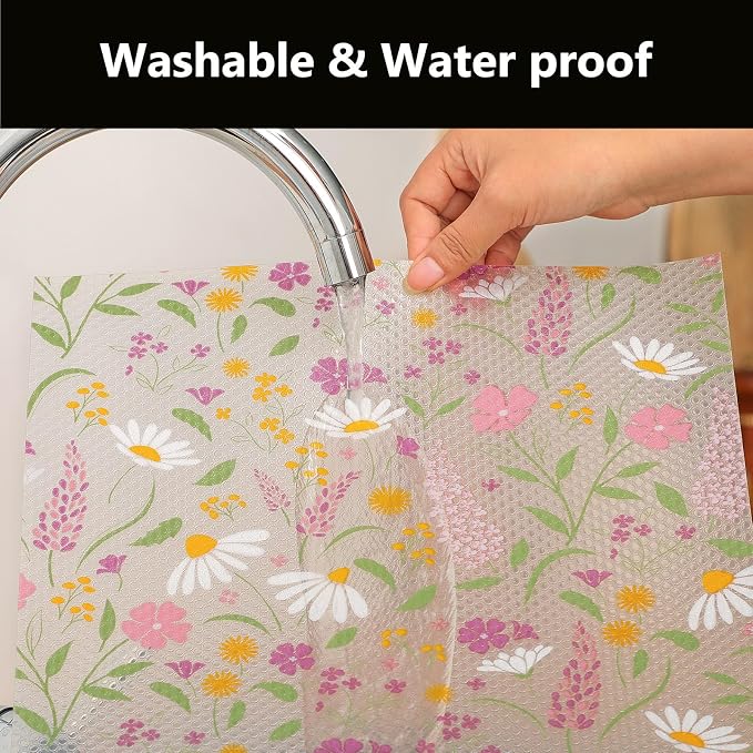 INNOLITES Shelf Liner for Kitchen Cabinets, Non-Adhesive Drawer Liner, Waterproof Washable EVA Floral Pattern, Protect Dresser Cupboard Refrigerator Shelves (Sage Wildflower, 11.8" x 360")