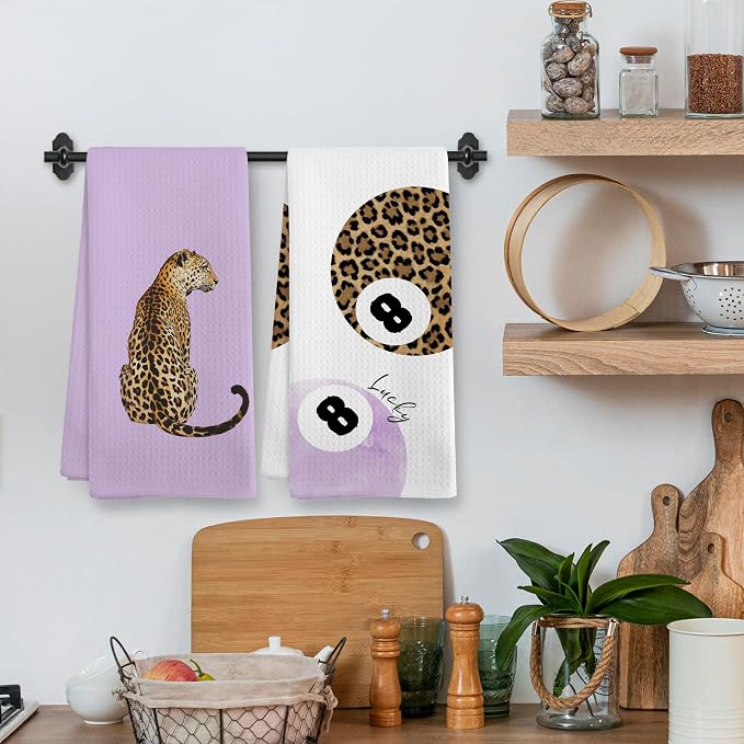 Trendy Leopard Cheetah Print Poker Lucky 8 Ball Bathroom Decor, Preppy Purple Leopard Dorm Decor Dish Hand Towels for Bathroom Kitchen Sets of 2, Cheetah Kitchen Towels and Dishcloths,16x24in
