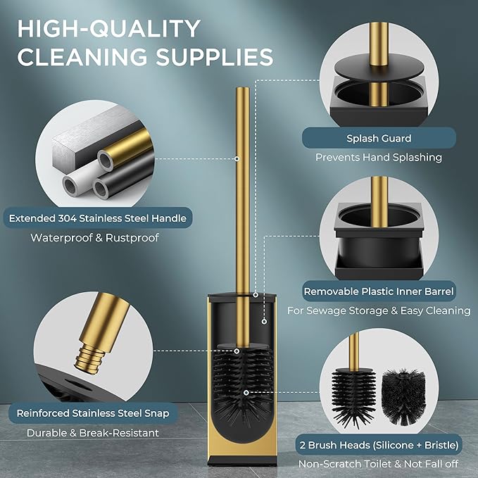 FORIOUS Toilet Brush and Holder Set, SUS304 Stainless Steel Square Base, Extended Long Handle, Drip-Proof & Space Saving, 2 Replaceable Brush Heads, Plastic & Silicone Dual Brush Head, Drak Gold