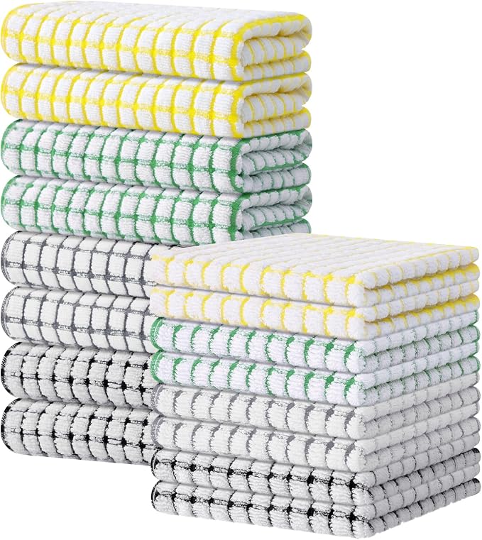 Kitinjoy Cotton 16 Pack Kitchen Towels and Dishcloths Sets, 16 x 25 Inch & 12 X 12 Inch Dish Towels Bulk, Super Soft and Absorbent Hand Towels for Kitchen Drying, Multi-Colored