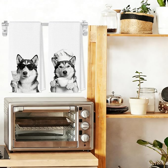 Funny Husky Kitchen Towels Set of 2, Dog Kitchen Bar Accessories, Dog Chef Gifts for Women Decorative Hand Towels for Kitchen Decor, Husky Lovers Dish Tea Towel, 16x24 Inch