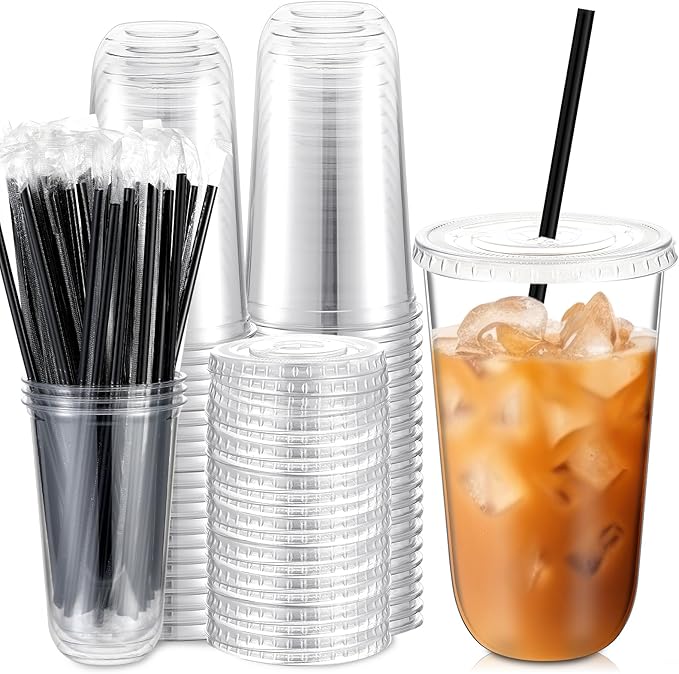 Ziliny 50 Set Clear Plastic Cups with Lids and Straws, Disposable Iced Coffee PET Cups for Drinking Cold Beverage Juice Parfait Smoothie Milkshake Coffee Shops Party Supplies (18 oz)